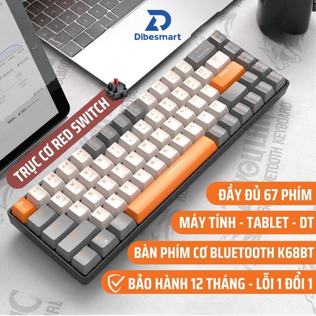 Bàn Phím Cơ Bluetooth Không Dây K68BT DIBESMART, Red Switch, Gõ Cực Đã,Có Hotswap Kết Nối Máy Tính /
