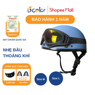 Mũ Bảo Hiểm Hiểm Màu Xanh Ghi Nhám Kèm Kính Thời Trang Hàng Chính Hãng B'color