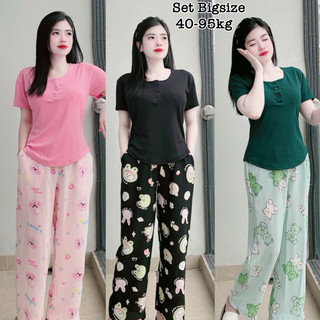  - Set Bộ Dài Bigsize Nữ Áo Thun Cổ Tròn Khóa Nút Phối Quần Dài Đũi Sọc Mịn Mát Dễ Thương 50-95kg