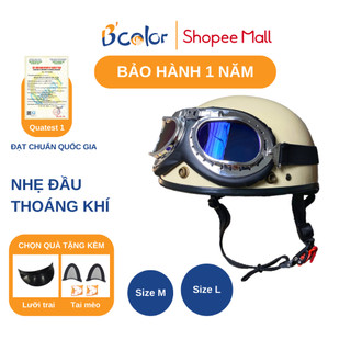 Mũ Bảo Hiểm Màu Kem Sữa Loại Nửa Đầu Kèm Kính Thời Trang B'COLOR