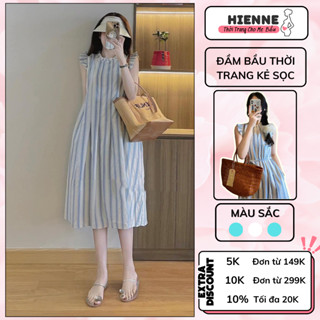 Váy bầu đẹp HIENNE, đầm bầu mùa hè dáng babydoll kẻ sọc xinh xắn, thiết kế tay cánh tiên sang chảnh kèm dây buộc