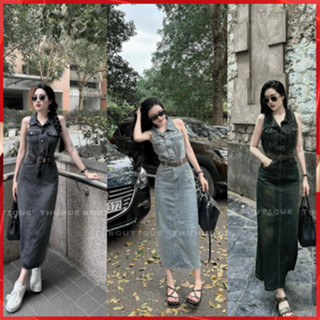 Váy bò cổ yếm dáng dài có kèm đai chất liệu bò mài - Đầm jean sát nách nữ