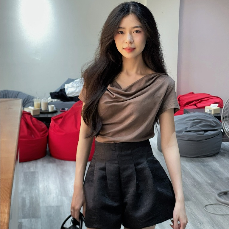 Áo Thun Cotton Giãn Cổ Đổ Ngắn Tay INNO, Áo Kiểu BIGSIZE Nhún Eo TA-184 | BigBuy360 - bigbuy360.vn