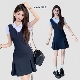 Set áo thun polo + váy yếm đen đuôi cá xếp ly dáng chữ A tiểu thư thanh lịch Yannie