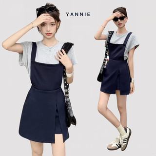 Set váy yếm mini co giãn lưng chun quai điều chỉnh + áo thun trơn ngắn tay Yannie