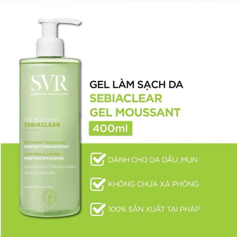 [HÀNG CHÍNH HÃNG] Sữa Rửa Mặt SVR Xanh (SRM SVR) Dành cho da dầu mụn Gel Moussant 400 mL