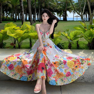 Đầm maxi 2 dây kiểu pháp sang trọng hoa nhiều màu sắc