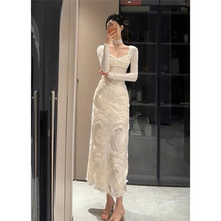 ORDER/ Váy Dài Trắng Thanh Lịch Cao Cấp Tay Dài Phong Cách Quyến Rũ Sang Trọng Quý Phái