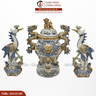 Đỉnh hạc men rạn Bát Tràng đắp nổi thủ công