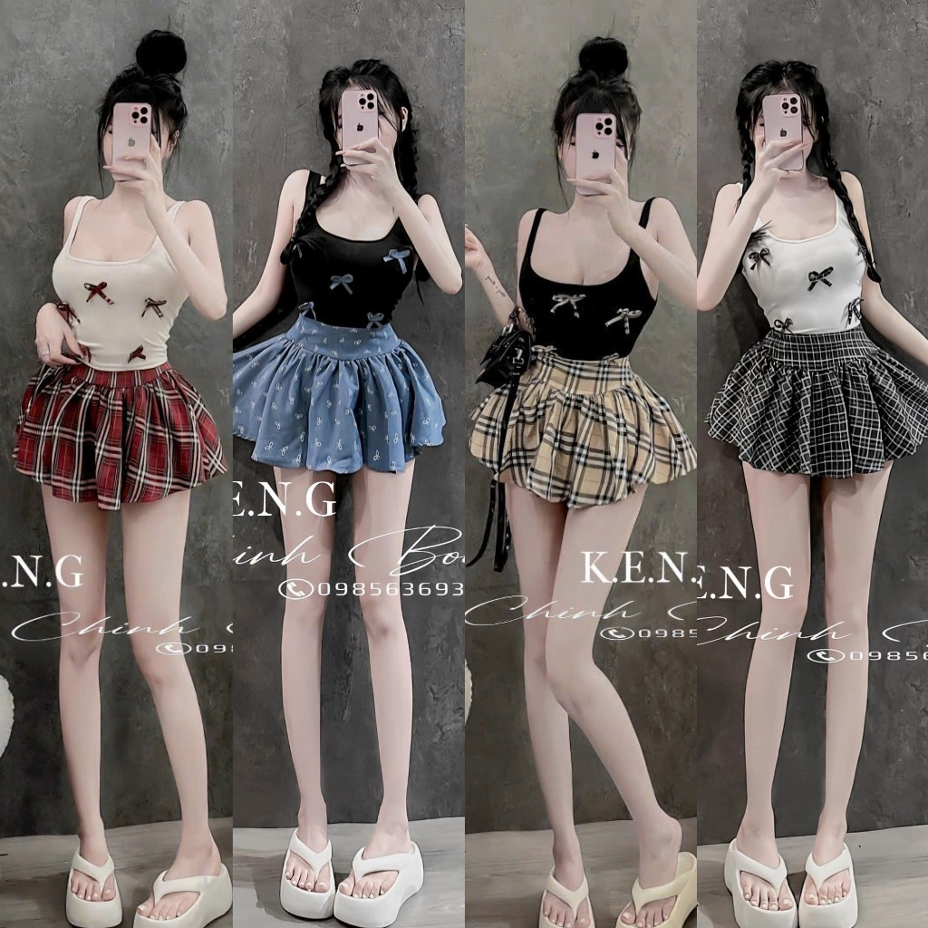 Set áo nơ chân váy kẻ