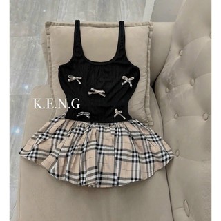 Set áo nơ chân váy kẻ