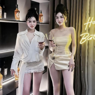 Váy thiết kế nữ ngắn ngực lưới chân váy lụa kèm tag đá g1