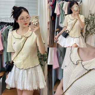 Áo Sơ Mi Kiểu Viền Bèo Thêu Nơ Chất Nhăn Mát Xuanxiu AH2498