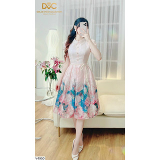 Váy sơ mi hồng chân váy tơ gấm hoa kèm đai váy sang chảnh v4950
