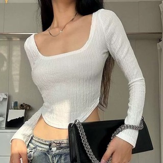 Áo kiểu croptop tay dài cổ U vạt bầu trơn cực xinh  , chất thun xốp mềm mịn