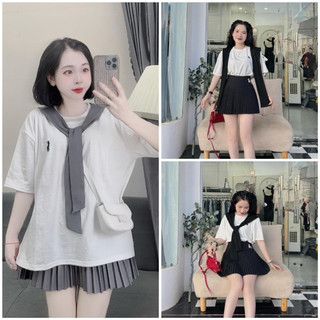 Set áo trắng in logo ngựa phối thắt nơ kèm chân váy dập li xoè xinh xắn🥰