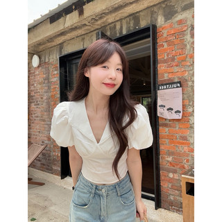 𝐌𝐄𝐑𝐑𝐘: Áo sơ mi cổ bẻ phối tay phồng ngắn tay thắt nơ phong cách tối giản Hàn Quốc cho nữ