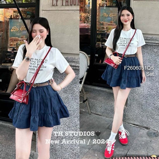 Set bộ áo thun trắng in chữ phối chân váy jean xòe sang trọng VIENS STORE