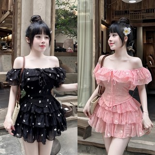 BIGSIZE HIẾU HIẾU (55-95KG) - Set bộ thời trang nữ hoa nhí Áo trễ vai bèo  + Chân váy tầng cực xinh mùa hè