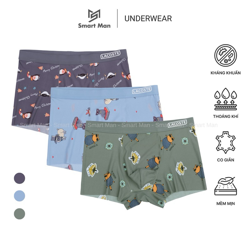 Quần Sịp Nam Boxer Thun Lạnh Combo 3 Cái SMART MAN - Combo 3 Quần Lót Nam Boxer Chất Lụa Băng Cao Cấ