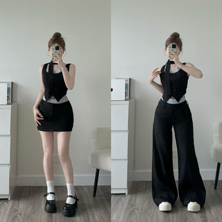 Karen Set• SET( BỘ) Áo 2S cúp ngực vạt chéo lưng hở chữ V đính nơ mix chân váy chữ A ( Quần ống rộng dáng xuông) 