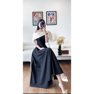 Váy Dự Tiệc Lệch Vai ( Kèm Tag Cài Hoa) Dáng Xoè Dài Chất Mềm Mịn Đứng From lót đúp full váy Màu Đen Phối Nude - XS387