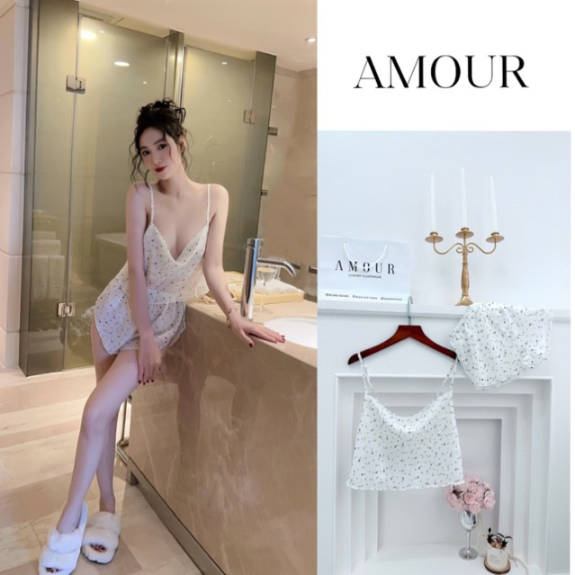 BÁN SỈ _ FREESHIP_SP091_Set Bộ đồ ngủ Áo Hai Dây + Quần Ngắn Vải Lụa Satin Phối Ren Gợi Cảm Cho Nữ