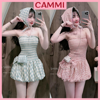 Váy Kẻ Quây Chun Nhúm Chân Bí Nơ Kèm Khăn Turban 2 Màu Siêu Xinh (nơ tháo rời) HB537