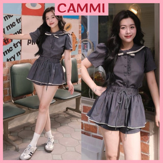 Set áo váy 2 món áo xám cổ thuỷ thủ nơ phối viền ren+chân váy xoè có quần bảo hộ chất chéo thái hb96