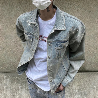 Áo Khoác Denim Đính Đá nửa trên Phong Cách Đường Phố Nam nữa