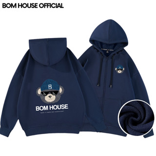 Áo Khoác Nỉ Hoodie Zip Gấu BOM HOUSE Có 2 Túi Trong Form Rộng Nam Nữ Unisex