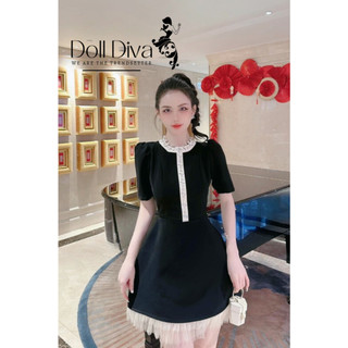V02 Đầm Thiết Kế Đính Đá Viền Cổ Phối Ren Bèo Trắng Phần Chân Váy Doll Diva Váy Nữ