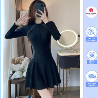  Bikini đồ bơi 1 mảnh liền váy kín đáo khoá kéo tay dài đen phối xám có quần đùi bên trong hot trent 