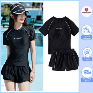  Bộ Đồ Bơi Nữ Bikini 2 Mảnh Áo Tay Ngắn Phối Viền Quần Đùi 2 Lớp Kín Đáo Co Giãn Cao Cấp 