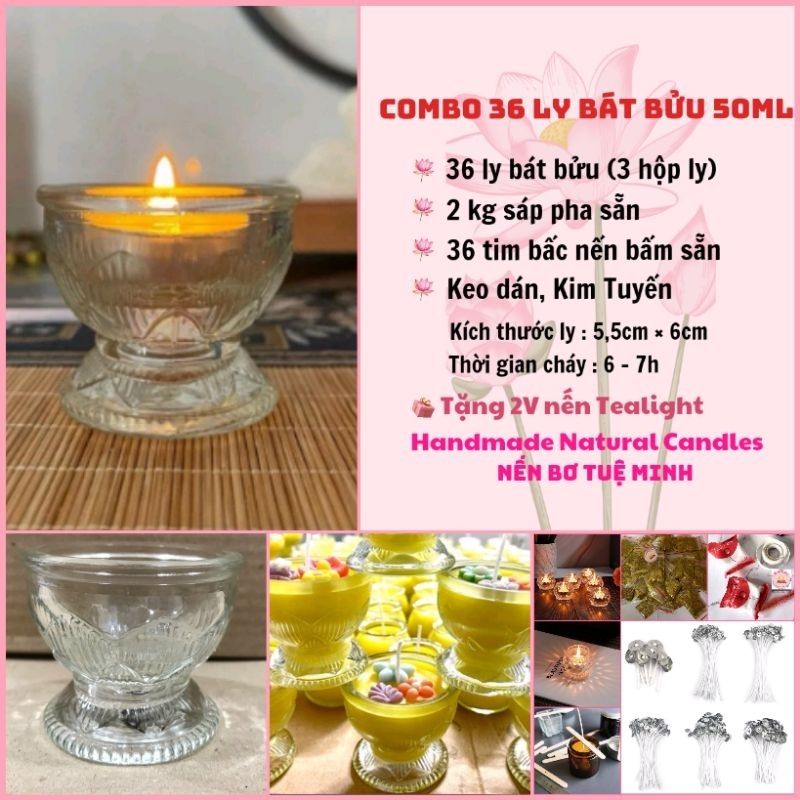 Combo Làm Nến 36 Ly Bát Bửu 50ML ( Nguyên Liệu Nến Bơ Tuệ Minh)