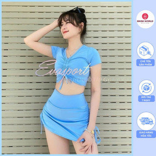  Bikini Đồ Bơi Nữ 2 Mảnh BKN049 Kín Đáo Áo Croptop Tay Ngắn Dây Rút Chân Váy 