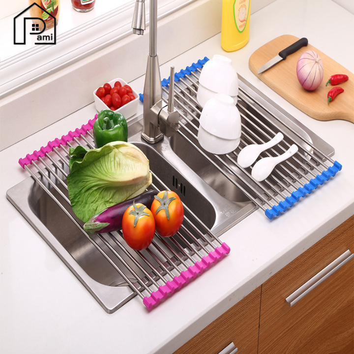 Giá inox gác bồn rửa chén đựng bát đĩa tiện lợi - Giá đựng hoa quả đa năng, hữu ích Pami Home