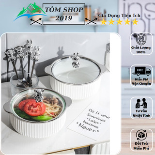 Bát sứ nắp gấu meli decor có tay cầm hiện đại, combo bát sứ kèm thìa và dĩa