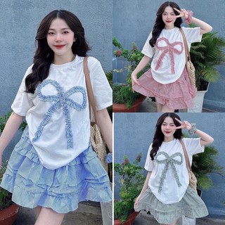 Set Đầm Váy Nữ. Áo Thun Tăm Đính Nơ Kèm Chân Váy Đũi Xếp Tầng Xinh Xắn Đáng Yêu Phù Hợp Mặc Hằng Ngày, Đi Chơi