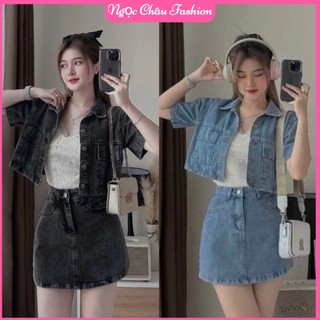 Set váy jean áo sơ mi túi nắp tay ngắn lai thường, váy có quần trong 2 màu xám, xanh form 38-55kg [CÓ ẢNH SHOP CHỤthường