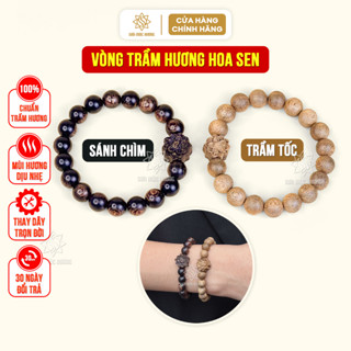 Vòng tay trầm hương tròn đơn mix hoa sen Sơn Mộc Hương đeo tay nam nữ phong thủy may mắn tài lộc