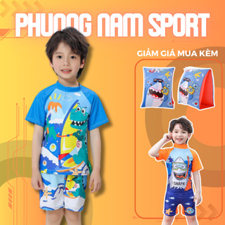 Bộ Đồ Bơi Rời Cho Bé Trai, Đồ Bơi Liền Thân Trẻ Em Họa Tiết Khủng Long Tặng Kèm Mũ Bơi