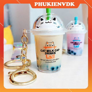 Móc khóa trà sữa và mèo dễ thương cao cấp nhiều màu làm quà tặng