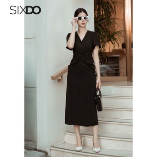 Đầm lụa đen cổ v nhúm eo sixdo