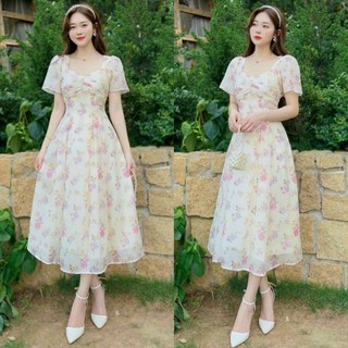 Đầm voan dự tiệc tay ngắn dún ngọc đính ngọc chất voan lót lụa đủ size m,l,xl,xxl