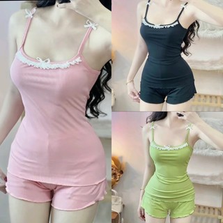  Set Bộ Ngủ Hai Dây Phối Viền Đính Nơ Dây Áo S1338C - Đồ Bộ Nữ 2 Dây Sexy Gợi Cảm Thun Tăm Mềm Mát 