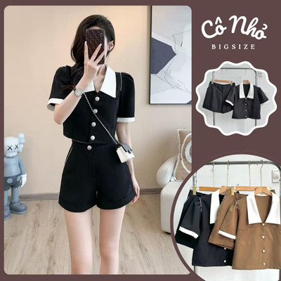 Set Đồ Nữ Sang Chảnh Quần Đùi Cạp Cao Kèm Áo Sơ Mi Croptop Vải Cotton Lạnh CÓ BIGSZIE SET832