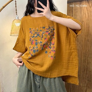 Áo T-shirt linen ngắn tay KAMAKA cổ tròn in những chiếc lá trái tim - NU10486