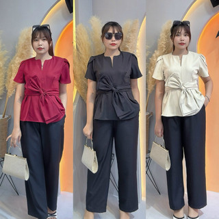 Bigsize Nữ 60-95kg—Sét Bộ Thiết Kế Sang Chảnh Đi Làm Hay Đi Tiệc Đều Xinh,Áo Cổ Ki ểu Giọt Nước,Tay Búp