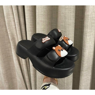Dép bánh mỳ - Dép nữ hai quai stiker mặt gấu đế đúc độn 5cm siêu nhẹ độ bền cao